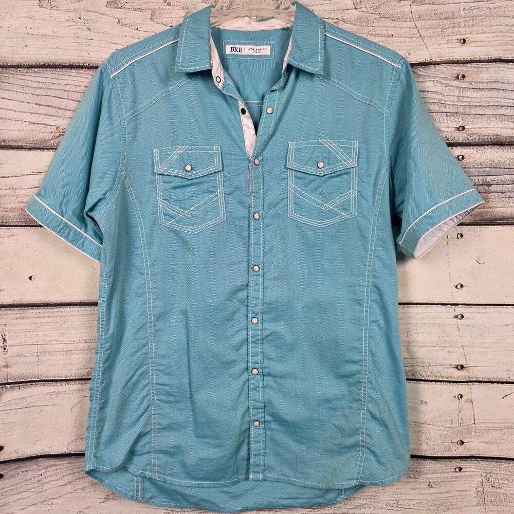 BKE Teal Snap Button Shirt Short Sleeve Athletic Fit Men L